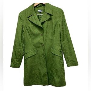 Bryan’s trench coat, 3 season, button up, lined, damask brocade pattern, green
